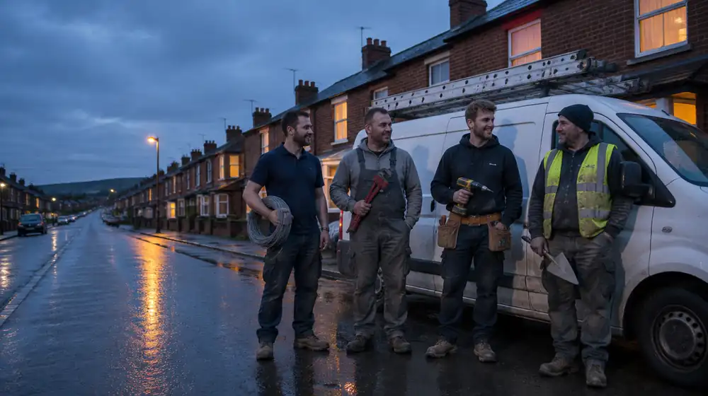 Four tradespeople standing together beside a work van on a terraced street at dusk: an electrician with a coil of cable, a plumber with a pipe wrench, a carpenter with a cordless drill and a bricklayer in a hi vis vest.