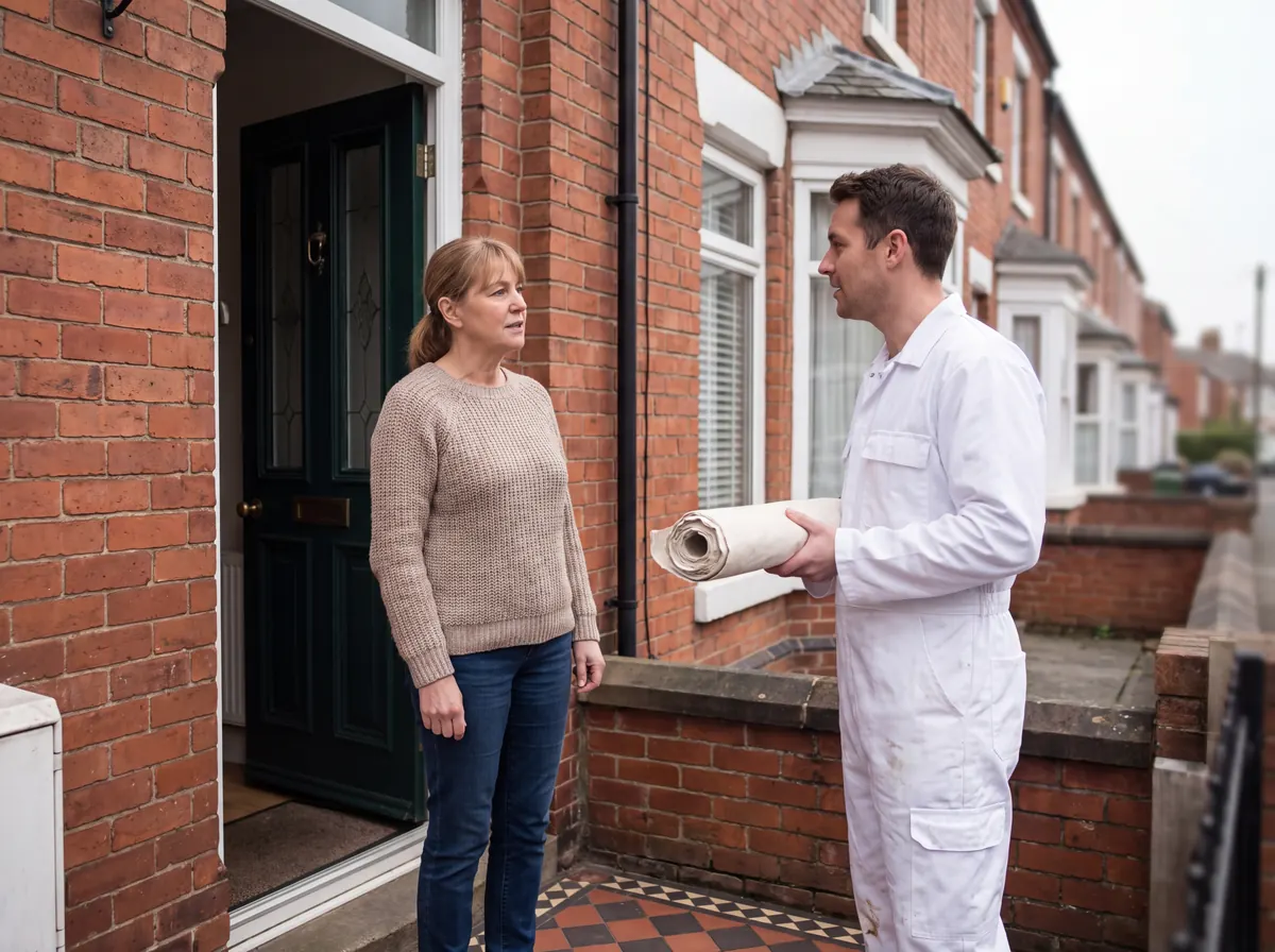 A homeowner standing in the doorway of a red brick terraced house, talking to a decorator in white overalls who is carrying a rolled dust sheet.