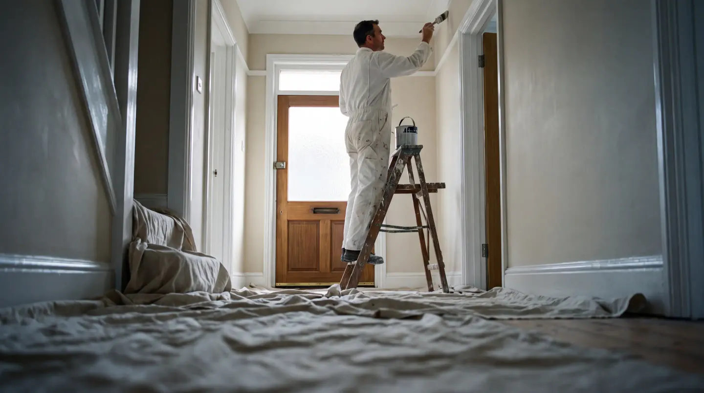 A decorator cutting in along a ceiling line with a brush, dust sheets down.