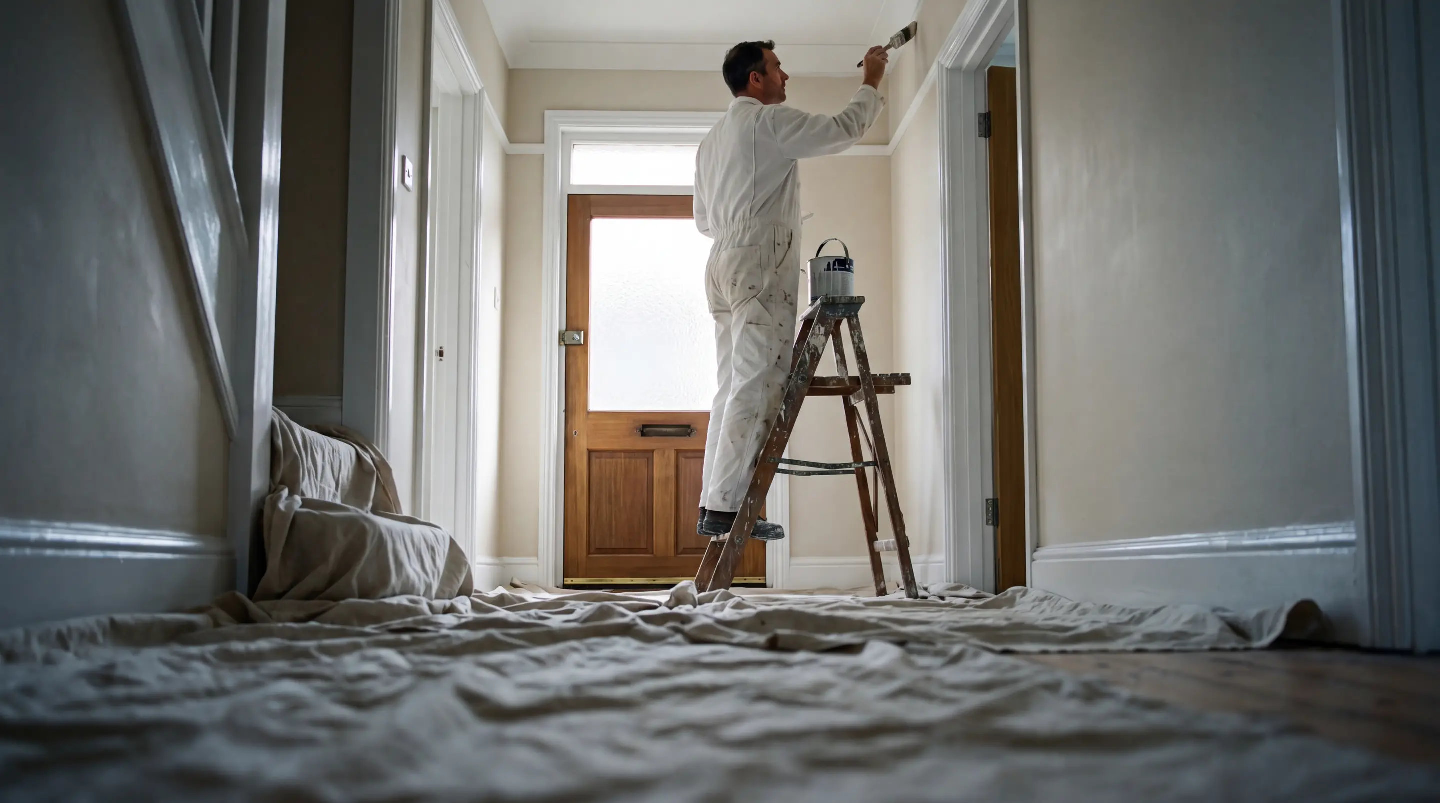 A decorator cutting in along a ceiling line with a brush, in an ordinary British hallway with dust sheets down and a stepladder up.