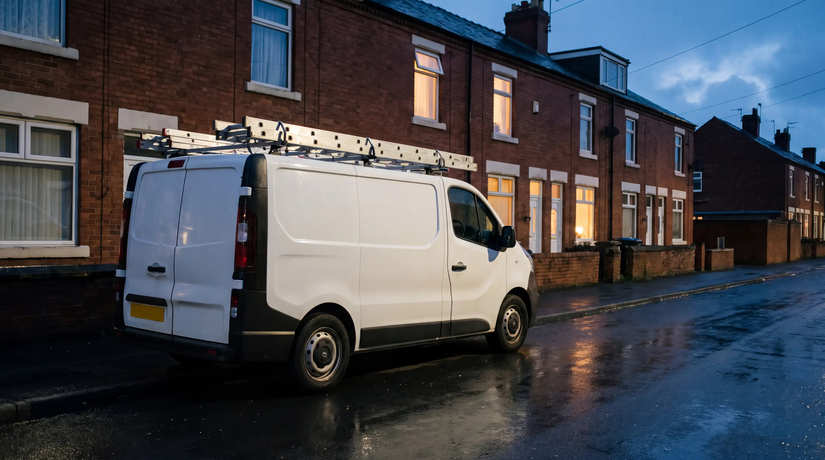 A white work van with ladders on the roof rack, parked outside a row of terraced houses at dusk.