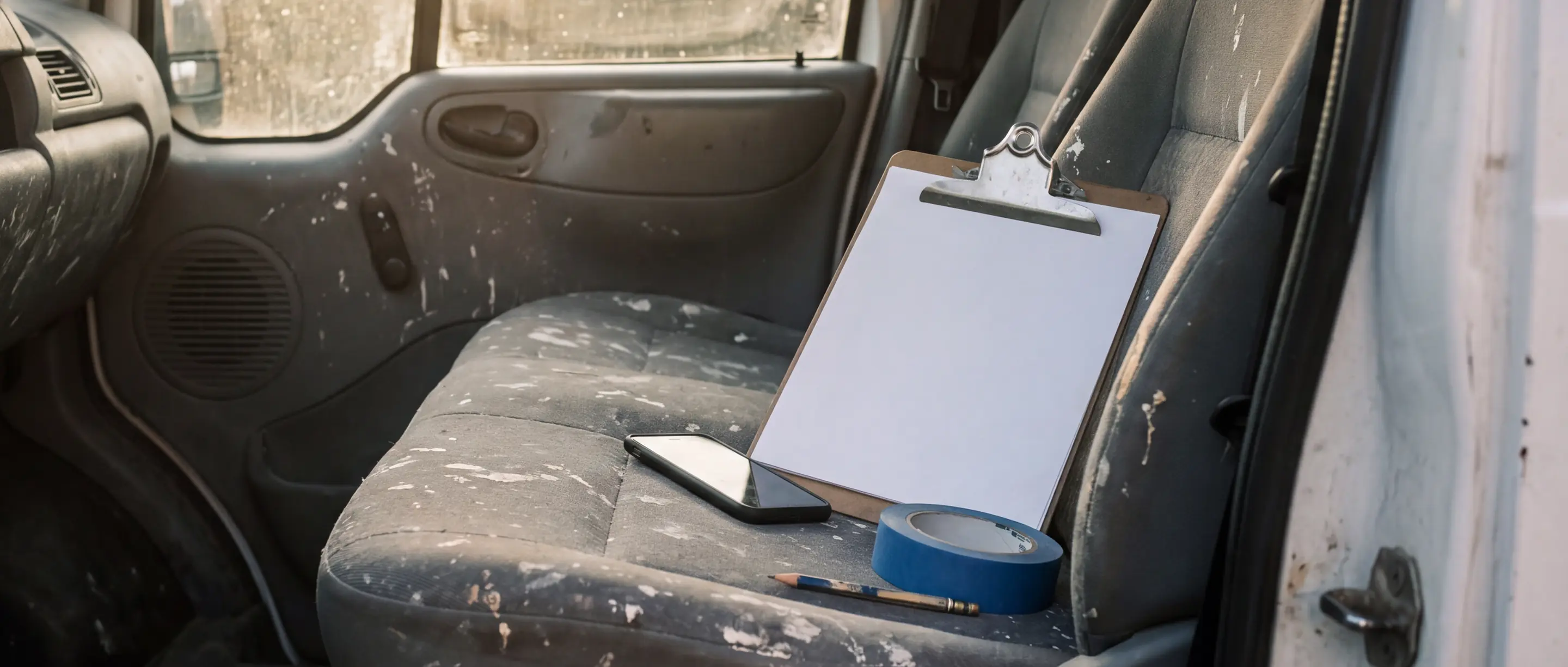 A clipboard with a blank pad, a phone and a roll of masking tape on the paint spattered passenger seat of a work van.