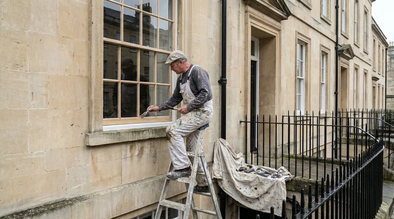 A decorator cutting in along the glazing bars of a tall Georgian sash window on a pale limestone terrace.