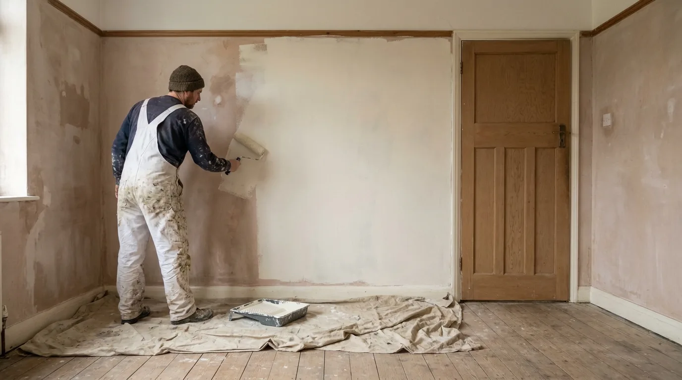 A decorator rolling emulsion onto the bare filled wall of a completely empty nineteen thirties semi detached house.