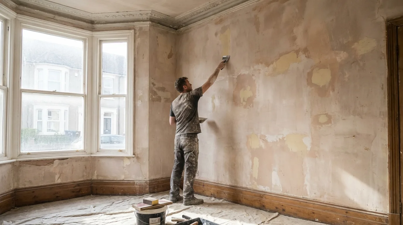 A decorator filling and sanding an uneven solid plastered wall in a Victorian bay fronted terrace, with filler patches drying across it.