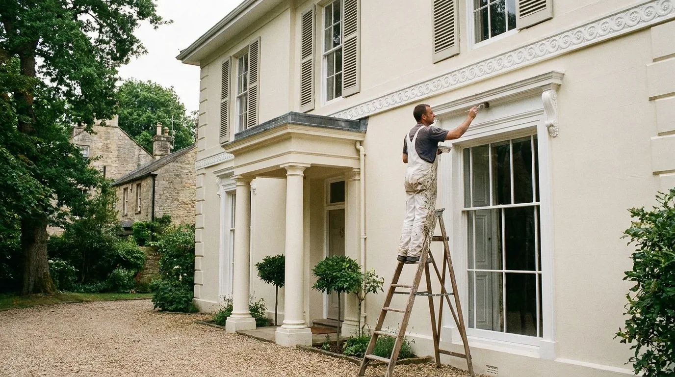 A decorator on a ladder brushing the cream painted stucco and moulding of a Regency villa set behind mature trees.