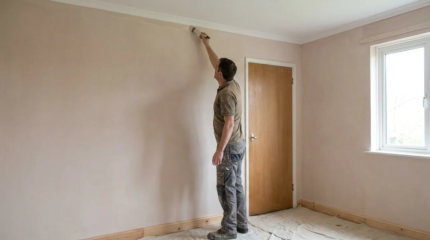A decorator cutting in at the ceiling line of a plain post war house interior with flat modern plaster and a simple flush door.