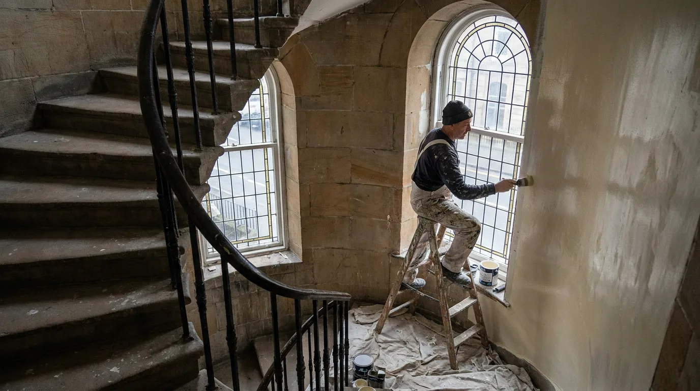 A decorator on a step ladder painting the wall of a communal stone tenement stair with an iron handrail and a tall arched window.