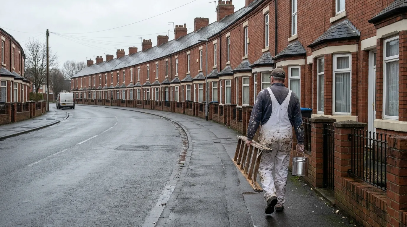 A painter and decorator carrying a step ladder along a pavement past a long row of identical late Victorian red brick terraced houses.