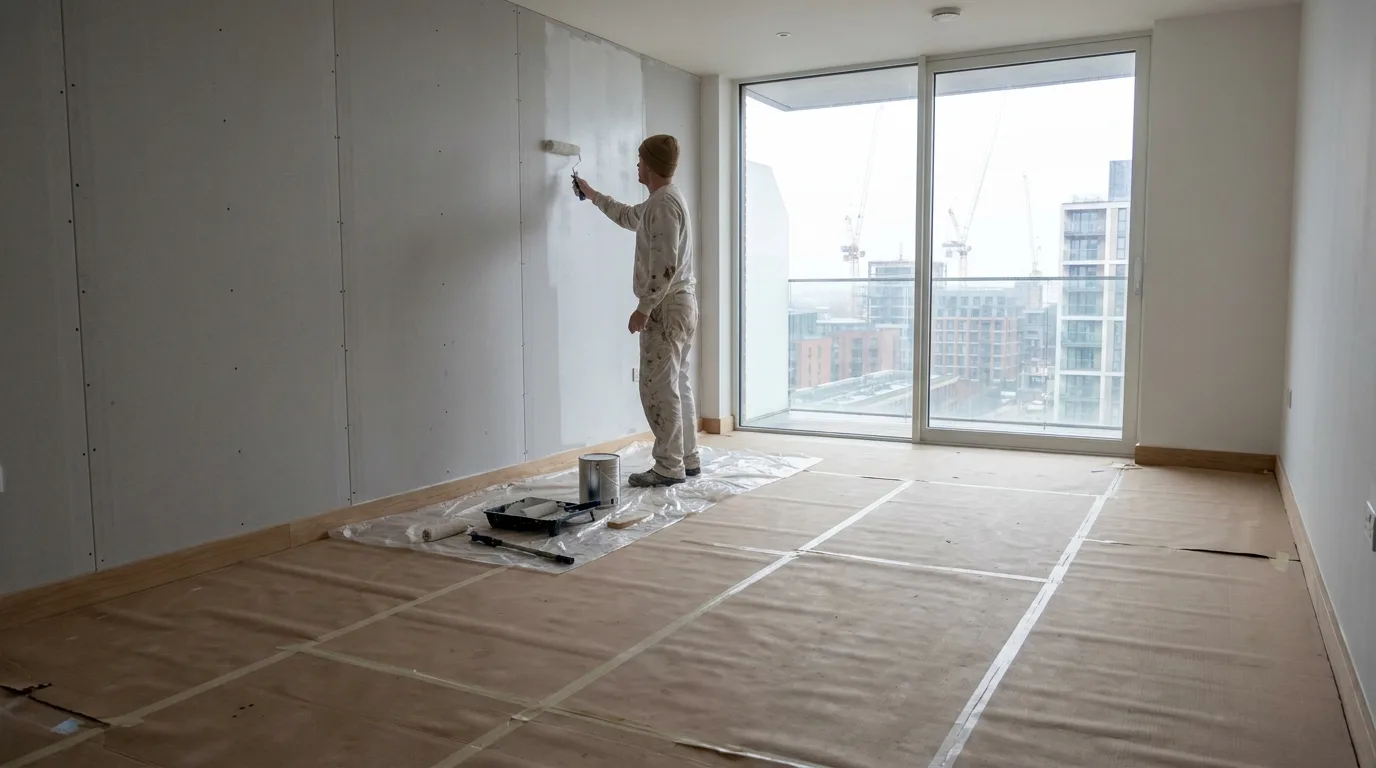 A decorator rolling a plasterboard wall in an empty new build city centre apartment, with cranes and new blocks visible through the window.