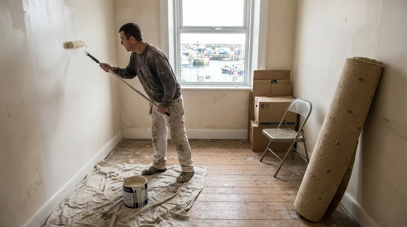 A decorator redecorating a small plain rented flat between tenants, working at speed with a roller on a pole.