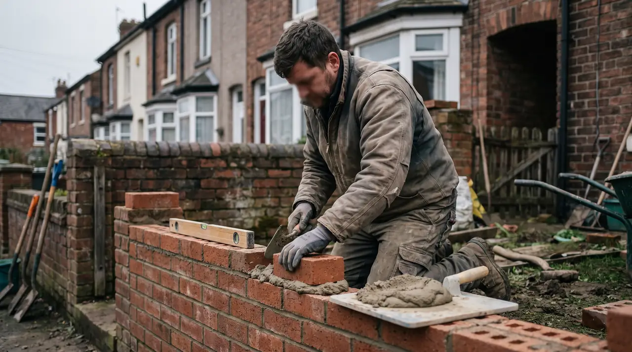 A bricklayer laying red bricks on a garden wall behind a terraced house. Generated image.
