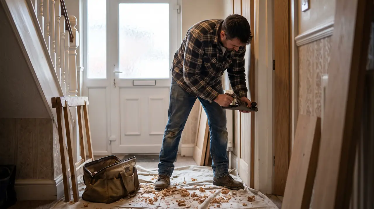 A carpenter planing a new oak door in a Victorian hallway. Generated image.