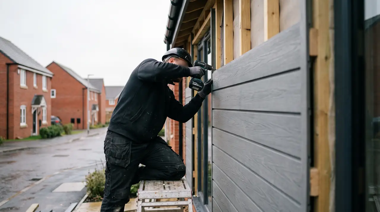 A cladding installer fixing grey boards to a house extension. Generated image.