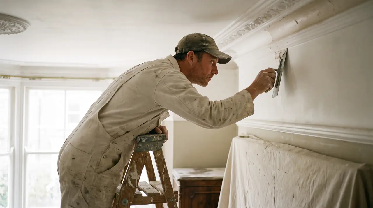 A plasterer working below a restored ceiling cornice in a period room. Generated image.