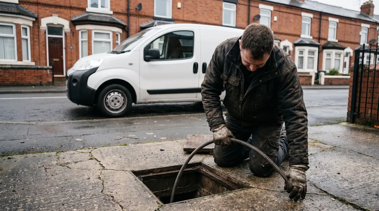 A drainage engineer feeding rods into an inspection chamber on a driveway. Generated image.