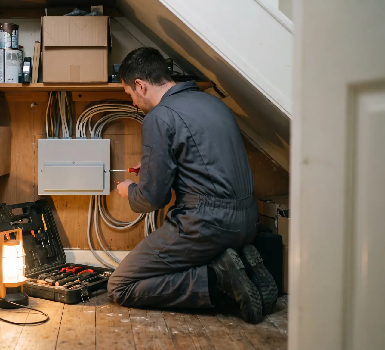 An electrician fitting a consumer unit in an understairs cupboard. Generated image.