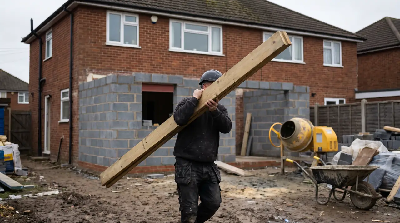 A builder carrying a timber joist across a house extension site. Generated image.