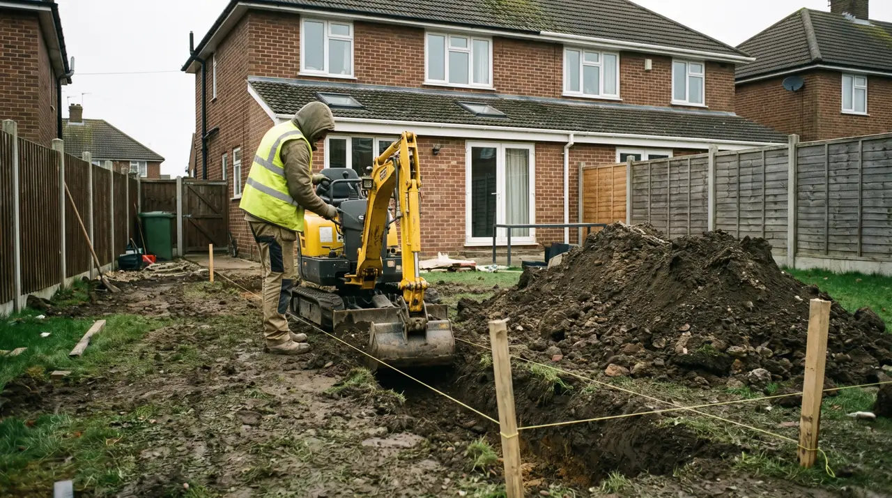 A groundworker beside a mini digger cutting a foundation trench in a back garden. Generated image.
