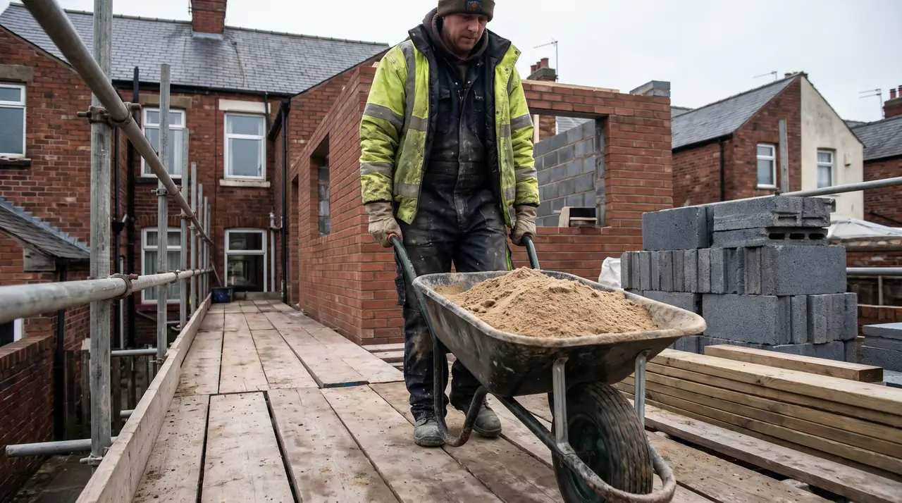 A labourer pushing a wheelbarrow of sand along scaffold boards. Generated image.