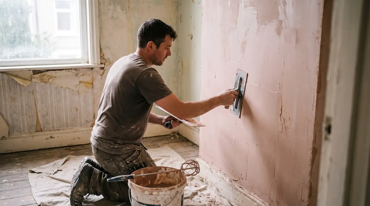 A plasterer skimming a wall with a trowel in a stripped back room. Generated image.