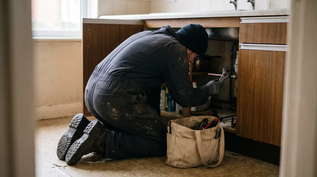A plumber working on pipes inside a kitchen sink cupboard. Generated image.
