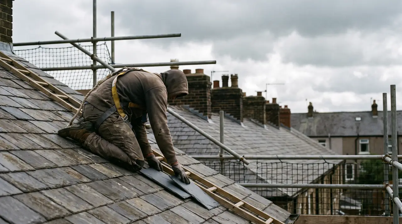 A roofer fixing slates on a terraced house roof behind scaffold. Generated image.