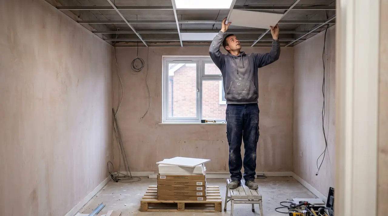 An installer fitting ceiling tiles into a metal grid in an empty office. Generated image.