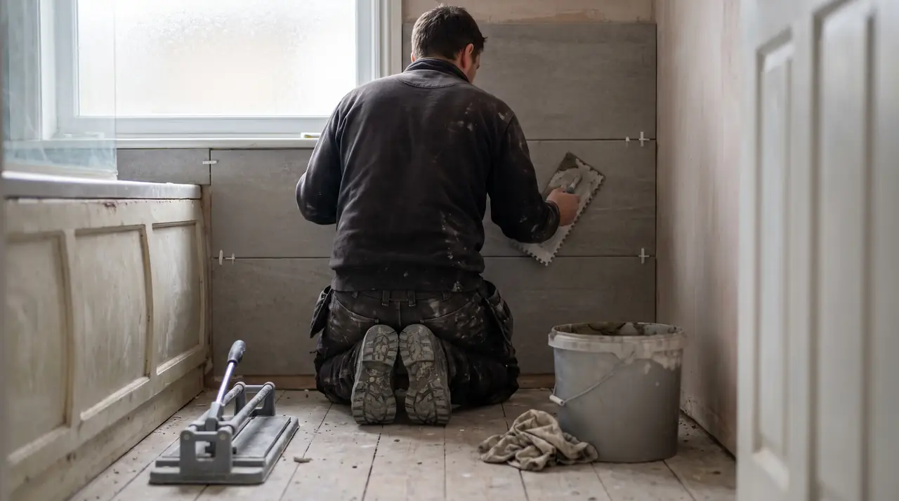 A tiler pressing large grey tiles onto a bathroom wall. Generated image.